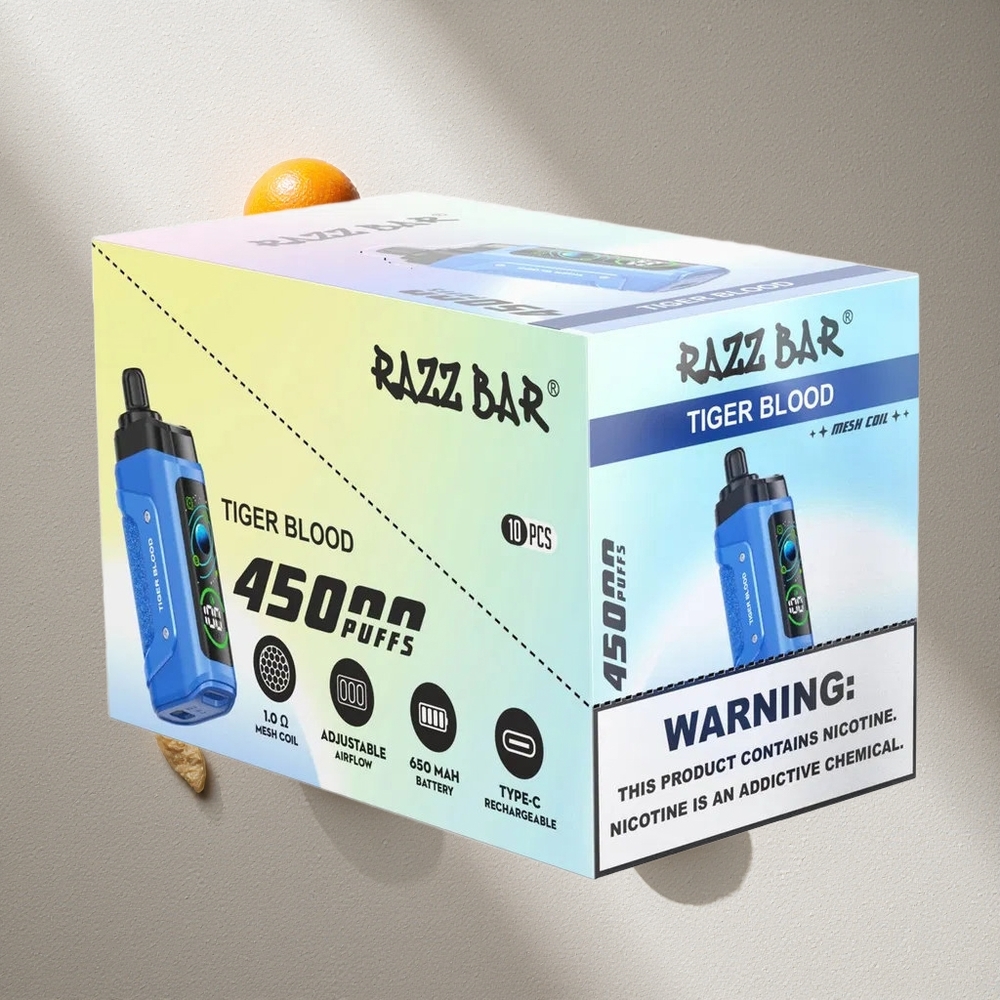 Razz Bar 45000 Puffs Vape Desechable Sangre de Tigre y Frambuesa, 1.0 Ohm Mesh Coil, Tipo-C Recargable, Argentina wholesale
